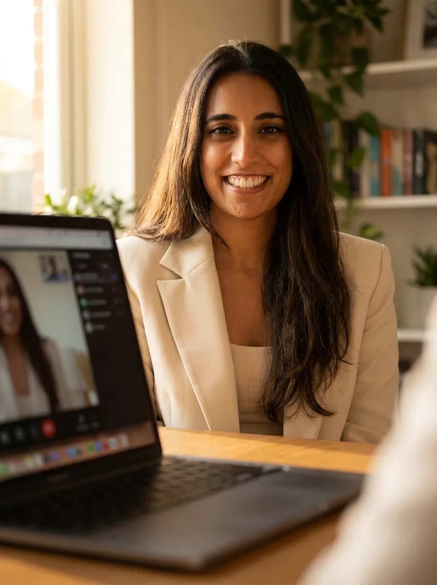 Yasmina Warraitch durante una consulta online, con el portátil en primer plano